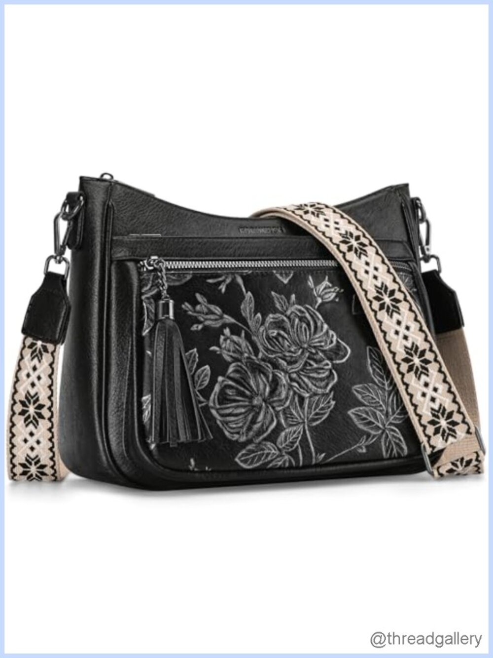 Vegan Leather Crossbody Bag Medium Floral Embossed Wide Strap Hobo Purse